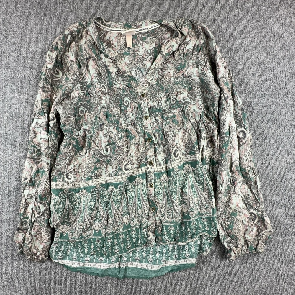 Knox Rose Blouse Womens Large Green Paisley Henley Long Sleeve Tunic Top